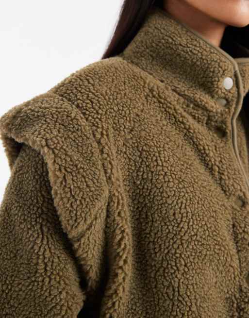 ASOS DESIGN sharp shoulders zip up teddy fleece in beech green