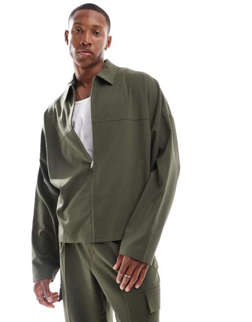 ASOS DESIGN sharp slim trucker jacket with cargo pockets in khaki part of a set