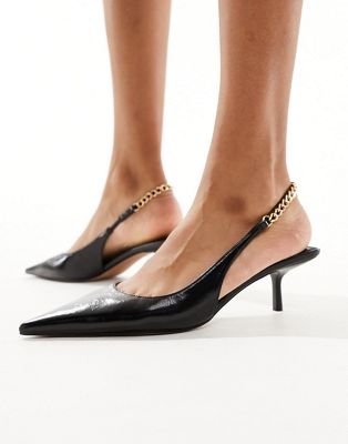 Asos Design Sharp Slingback Chain Detail Kitten Heeled Shoes In Black
