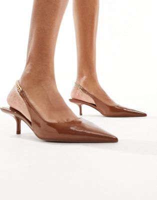  Sharp slingback chain detail kitten heeled shoes in toffee