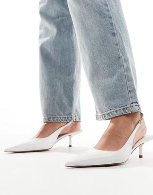 ASOS DESIGN Sharp slingback chain detail kitten heeled shoes in white
