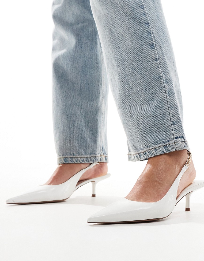 ASOS DESIGN Sharp slingback chain detail kitten heeled shoes in white