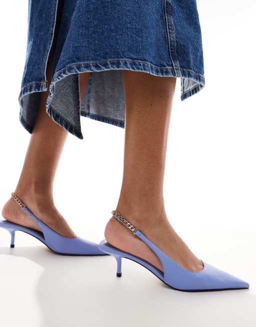 ASOS DESIGN Sharp slingback chain detail mid shoes in blue