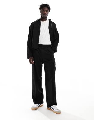 Asos Design Smart Wide Leg Cargo Pants With Toggle Hem In Black