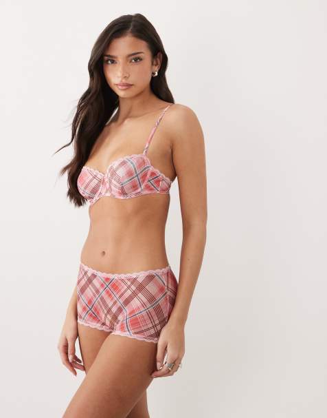 ASOS DESIGN Shaunie mesh lingerie set in pink tartan - view 1