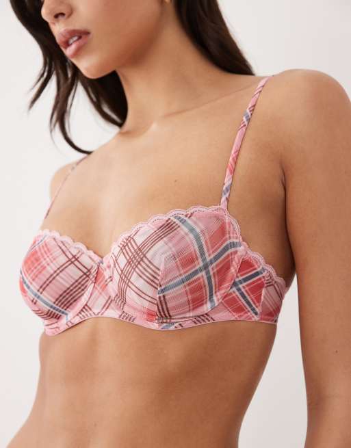 ASOS DESIGN Shaunie sheer mesh underwire balcony bra in pink tartan, 3 of 4
