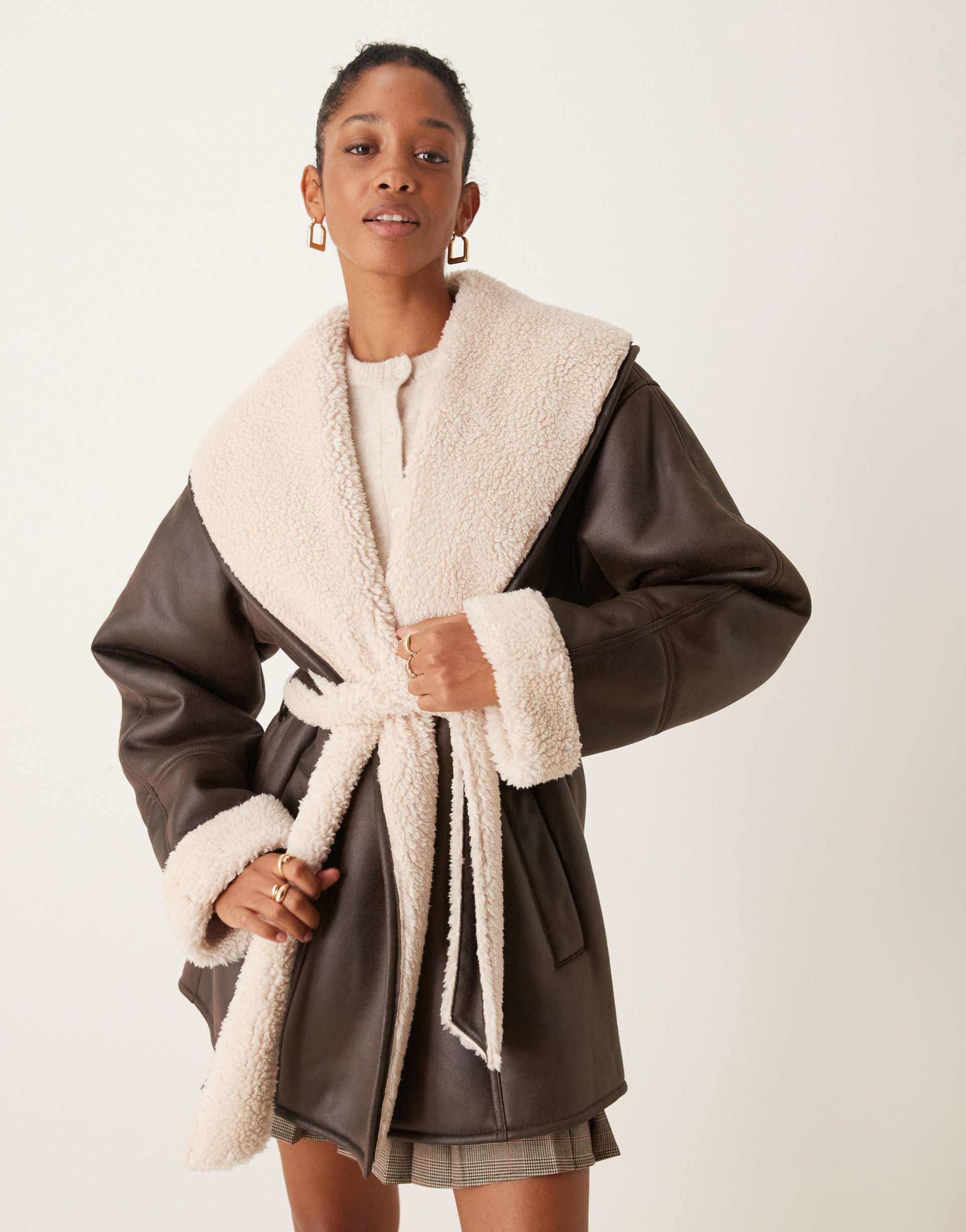 asos design shawl collar aviator with belt in brown