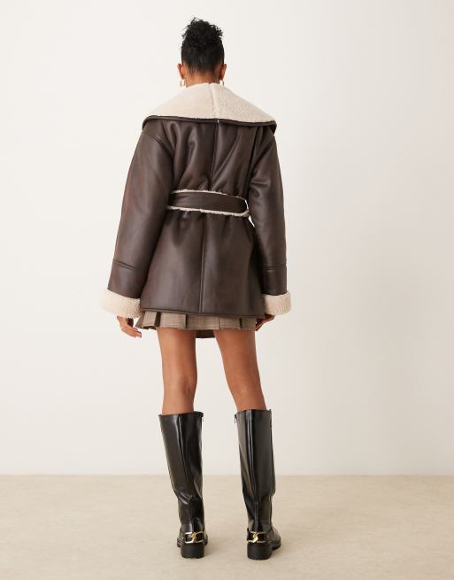 ASOS DESIGN shawl collar aviator with belt in brown