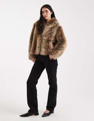 Asos Design Shawl Collar Faux Fur Jacket In Brown