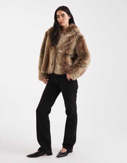 ASOS DESIGN shawl collar faux fur jacket in brown stripe