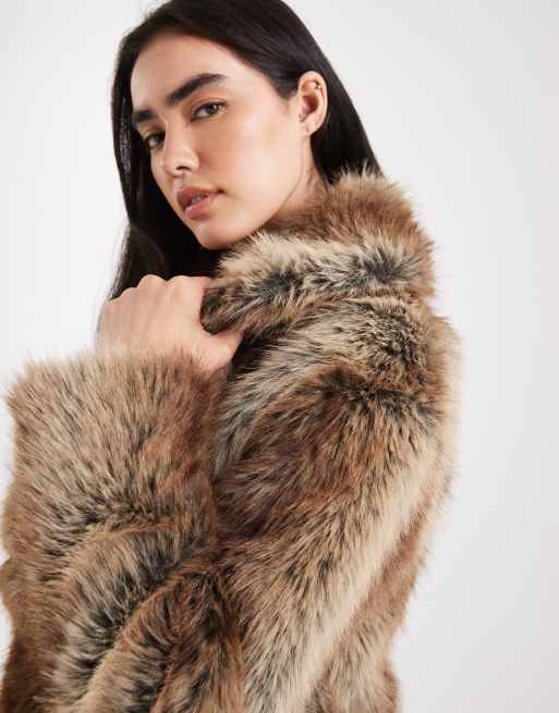ASOS DESIGN shawl collar faux fur jacket in brown stripe