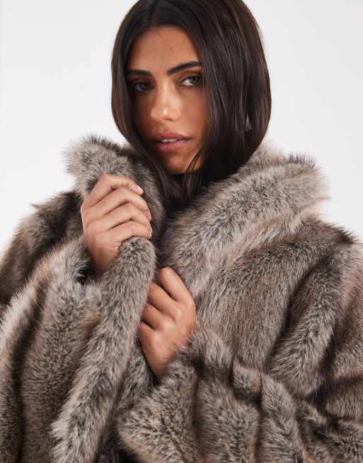 ASOS DESIGN shawl collar faux fur jacket in gray stripe, 3 of 4