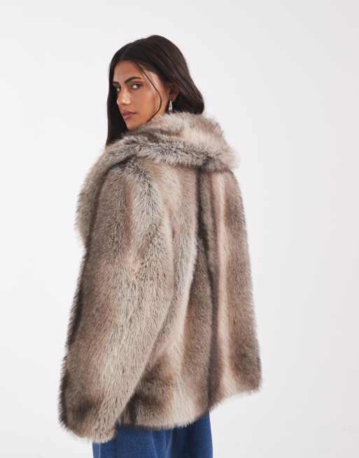 ASOS DESIGN shawl collar faux fur jacket in gray stripe, 4 of 4