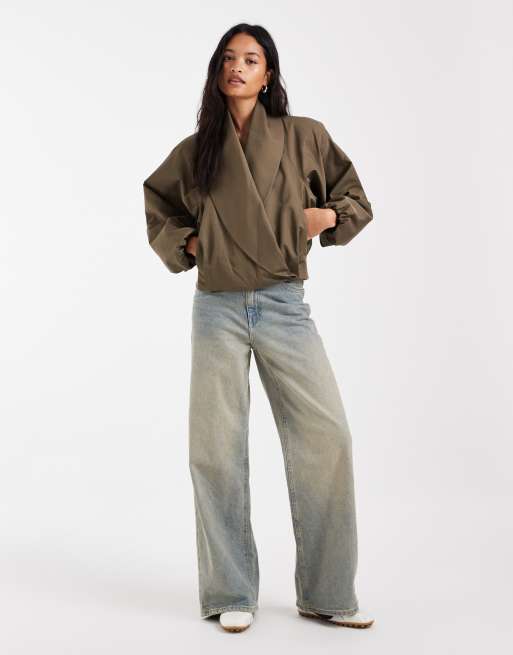 ASOS DESIGN shawl collar wrap bomber jacket in olive green, 2 of 4