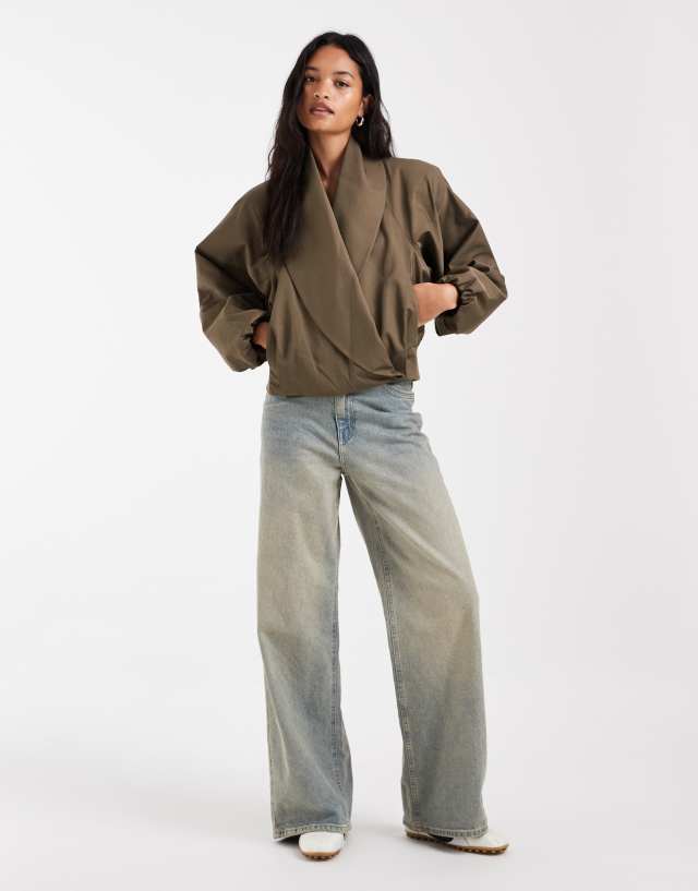 ASOS DESIGN shawl collar wrap bomber jacket in olive green | ASOS