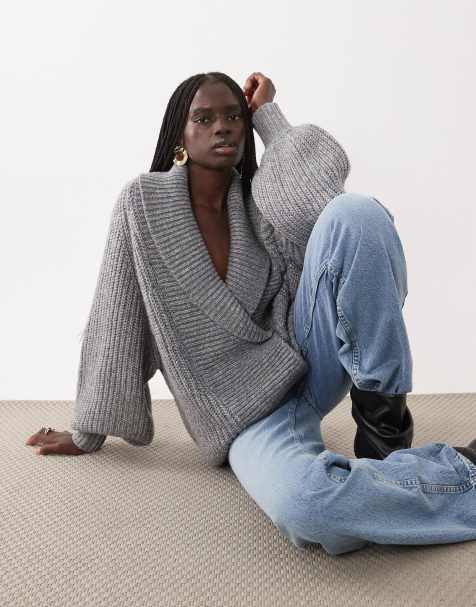 ASOS DESIGN shawl faux fur collar oversized cardigan in grey marl - view 1