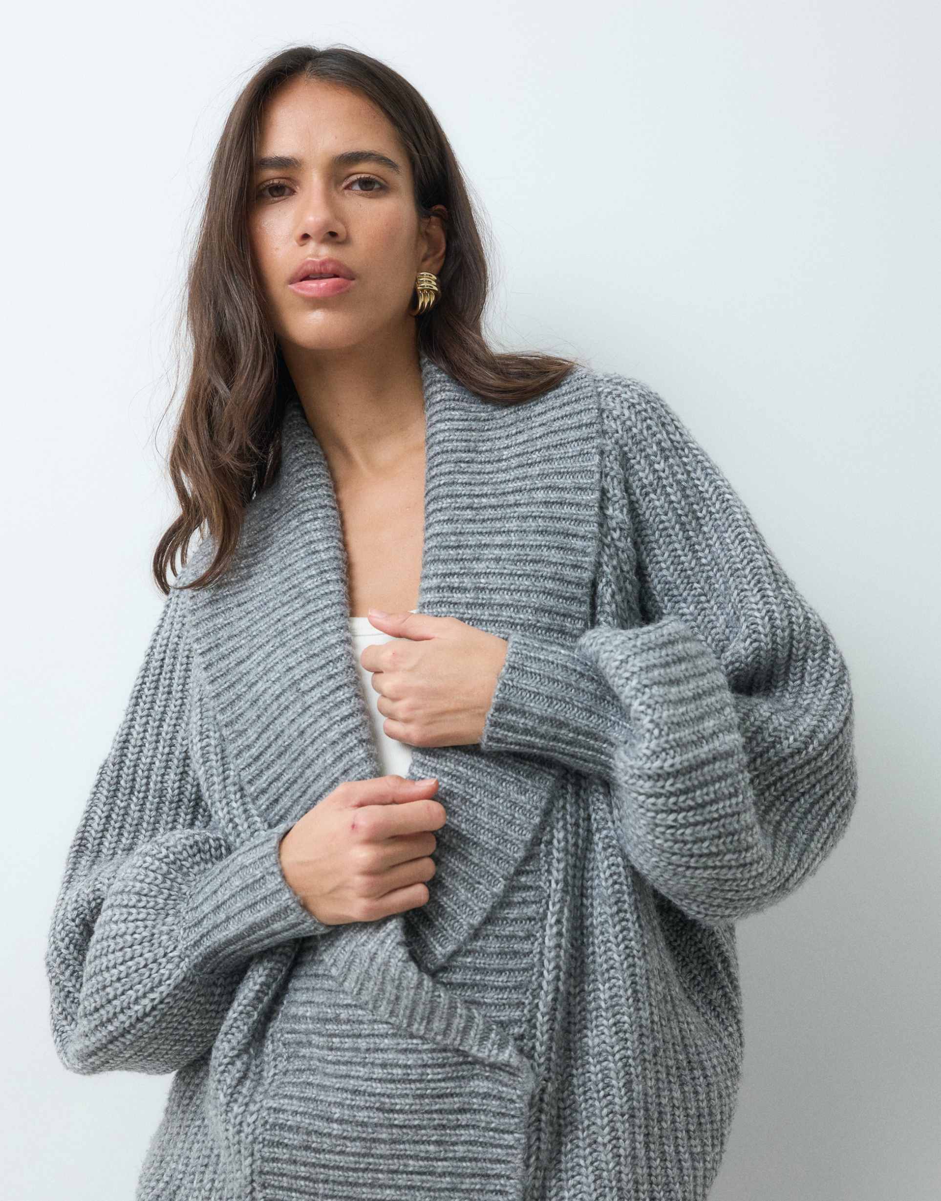 ASOS DESIGN shawl faux fur collar oversized cardigan in grey marl
