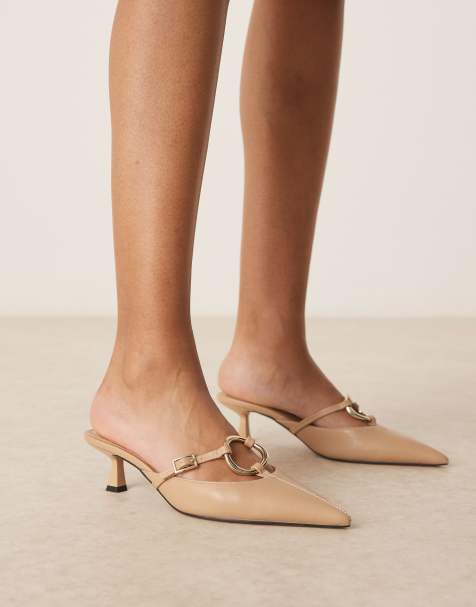 ASOS DESIGN Shay ring detail kitten heeled mules in beige - view 1