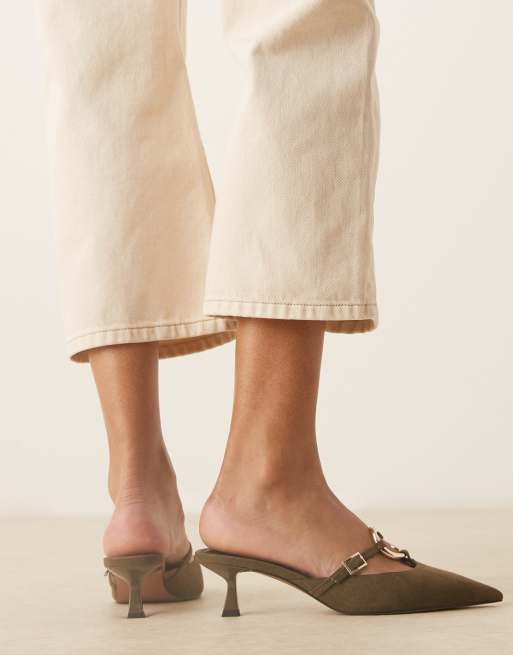 ASOS DESIGN Shay ring detail kitten heeled mules in khaki green suedette, 4 of 4