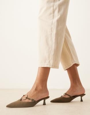  Shay ring detail kitten heeled mules in khaki suedette