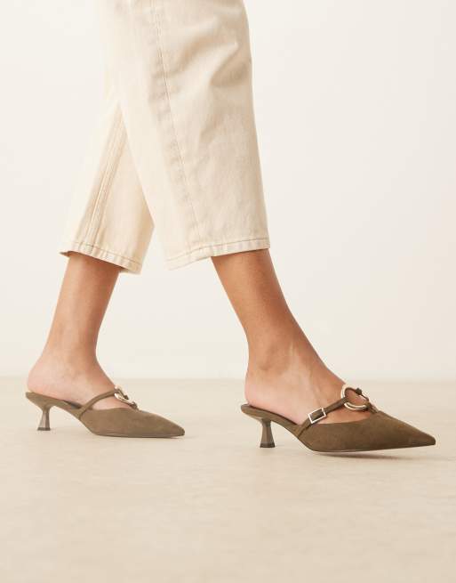 ASOS DESIGN Shay suedette ring detail kitten heeled mules in khaki