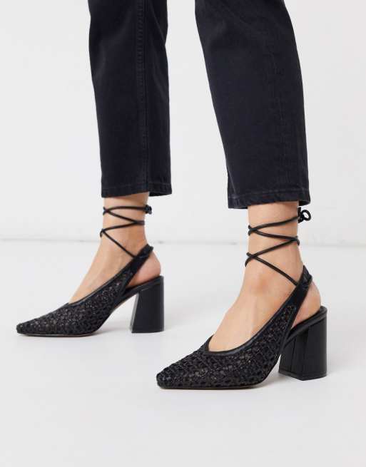 ASOS DESIGN Shay tie leg pointed heels in black weave | ASOS