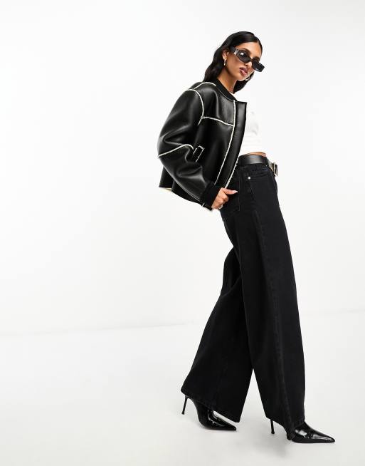 ASOS DESIGN shearling bonded bomber jacket in black and cream, 2 of 4