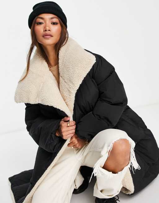 ASOS DESIGN shearling collared belted maxi puffer jacket in black