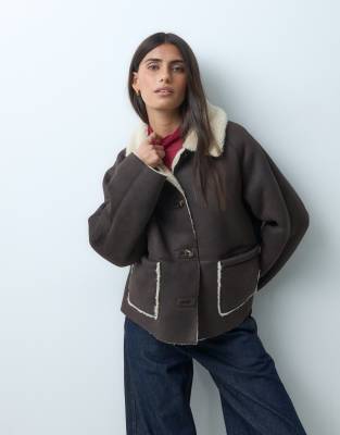 Asos Design Shearling Lined Jacket With Cream Faux Fur In Brown