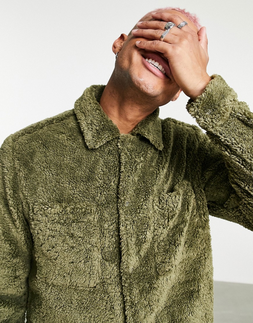 ASOS DESIGN shearling overshirt in khaki-Green