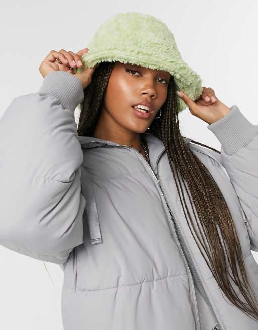 ASOS DESIGN shearling roll back bucket hat in green, 4 of 4