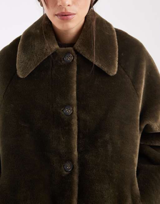 ASOS DESIGN shearling short car coat in khaki