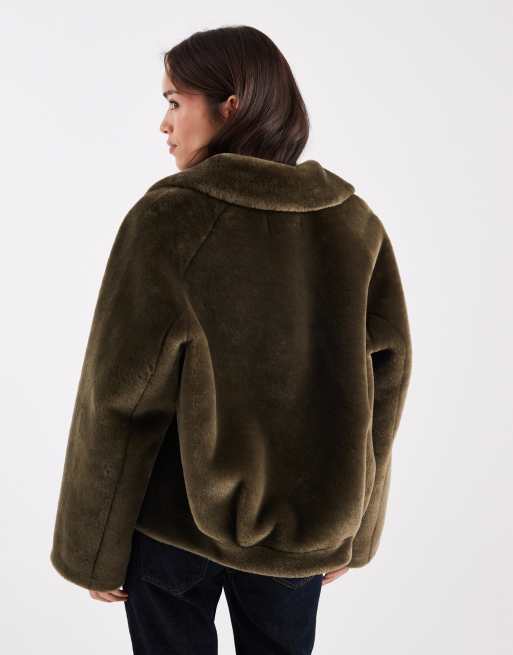 ASOS DESIGN shearling short car coat in khaki