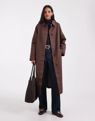Asos Design Sheen Longline Trench Car Coat With Blue Contrast Liner In Brown