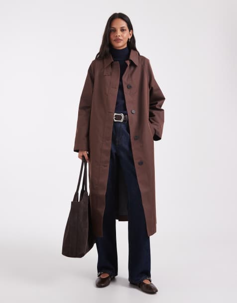 ASOS DESIGN sheen longline trench car coat with blue contrast liner in chocolate - view 1