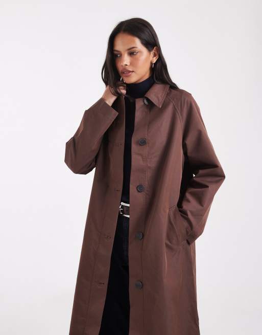 ASOS DESIGN sheen longline trench car coat with blue contrast liner in chocolate, 2 of 4