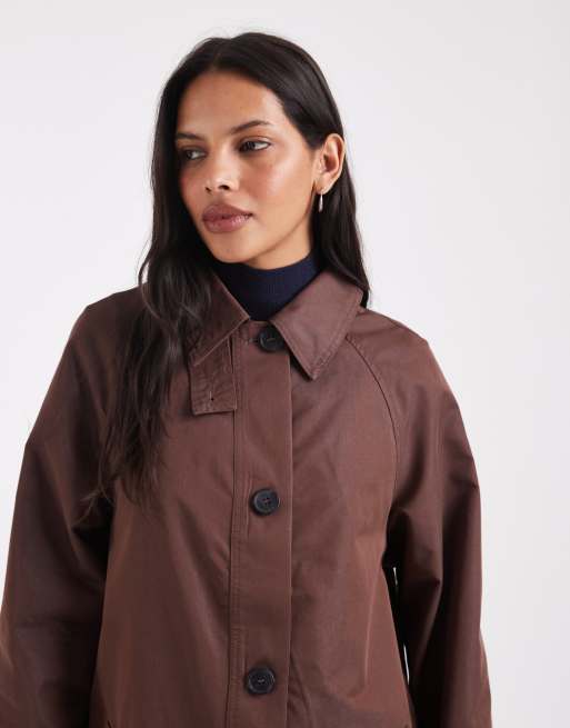 ASOS DESIGN sheen longline trench car coat with blue contrast liner in chocolate, 3 of 4