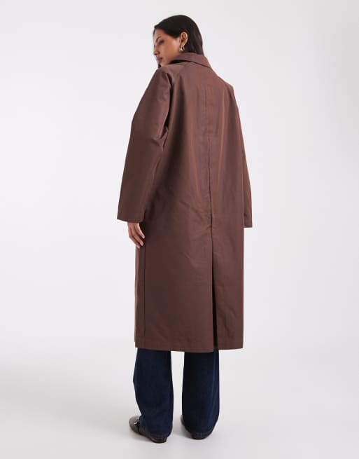 ASOS DESIGN sheen longline trench car coat with blue contrast liner in chocolate, 4 of 4