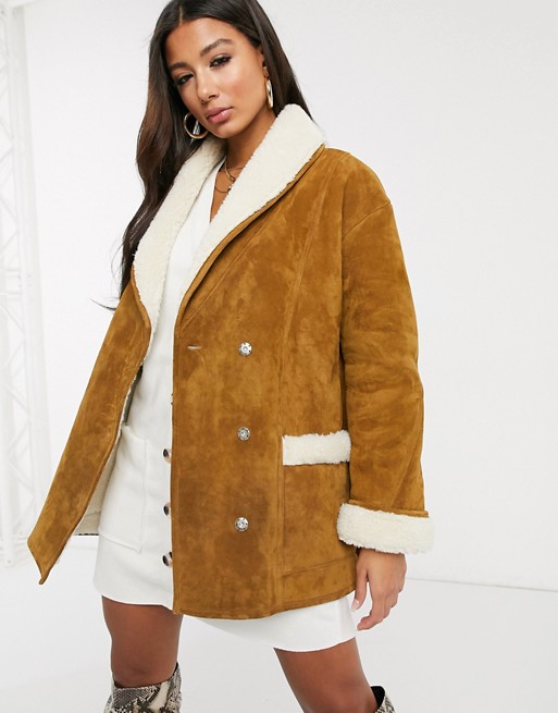 ASOS DESIGN sheepskin coat in brown