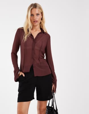 Asos Design Sheer 90s Shirt In Brown