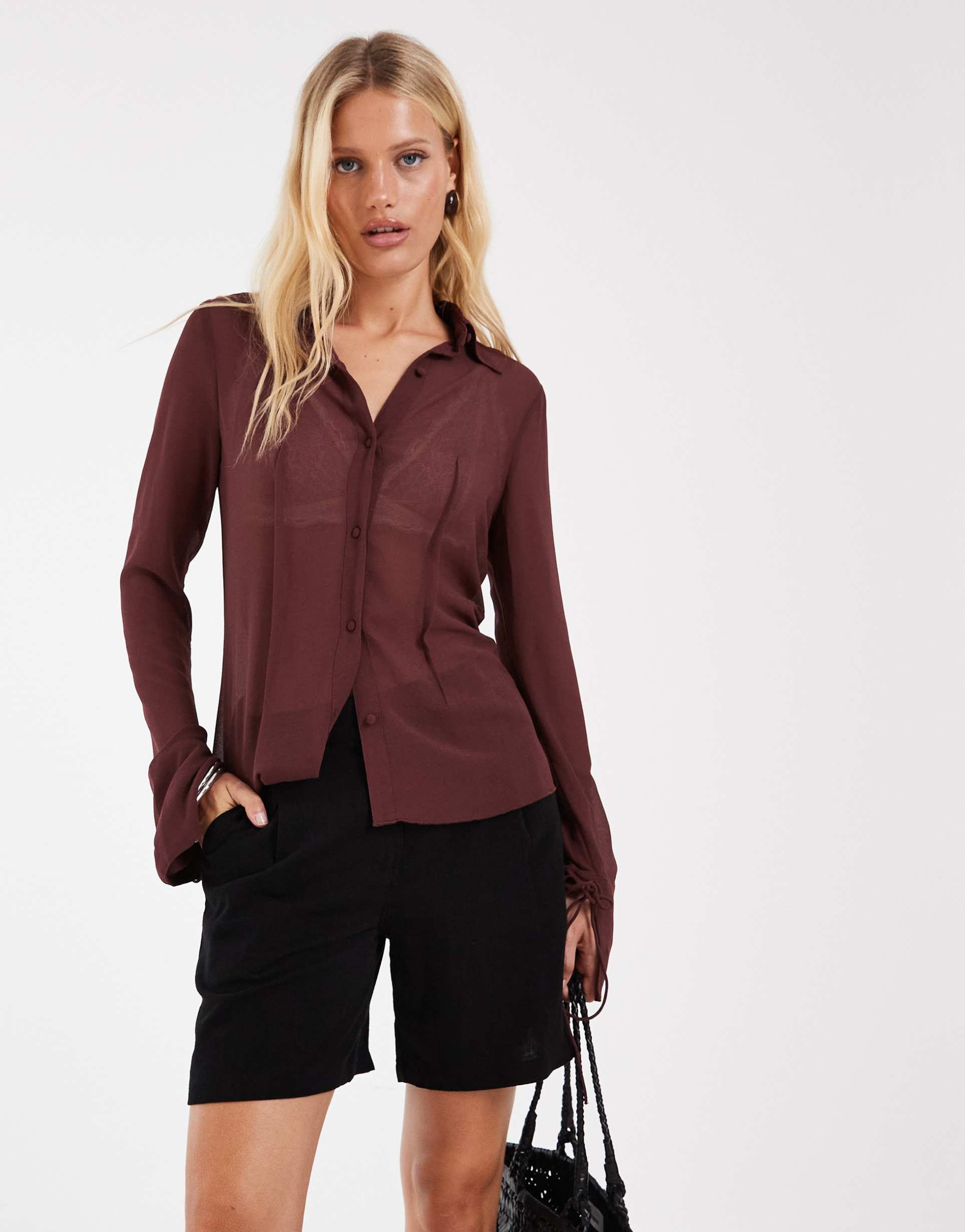 asos design sheer 90s shirt in dark brown