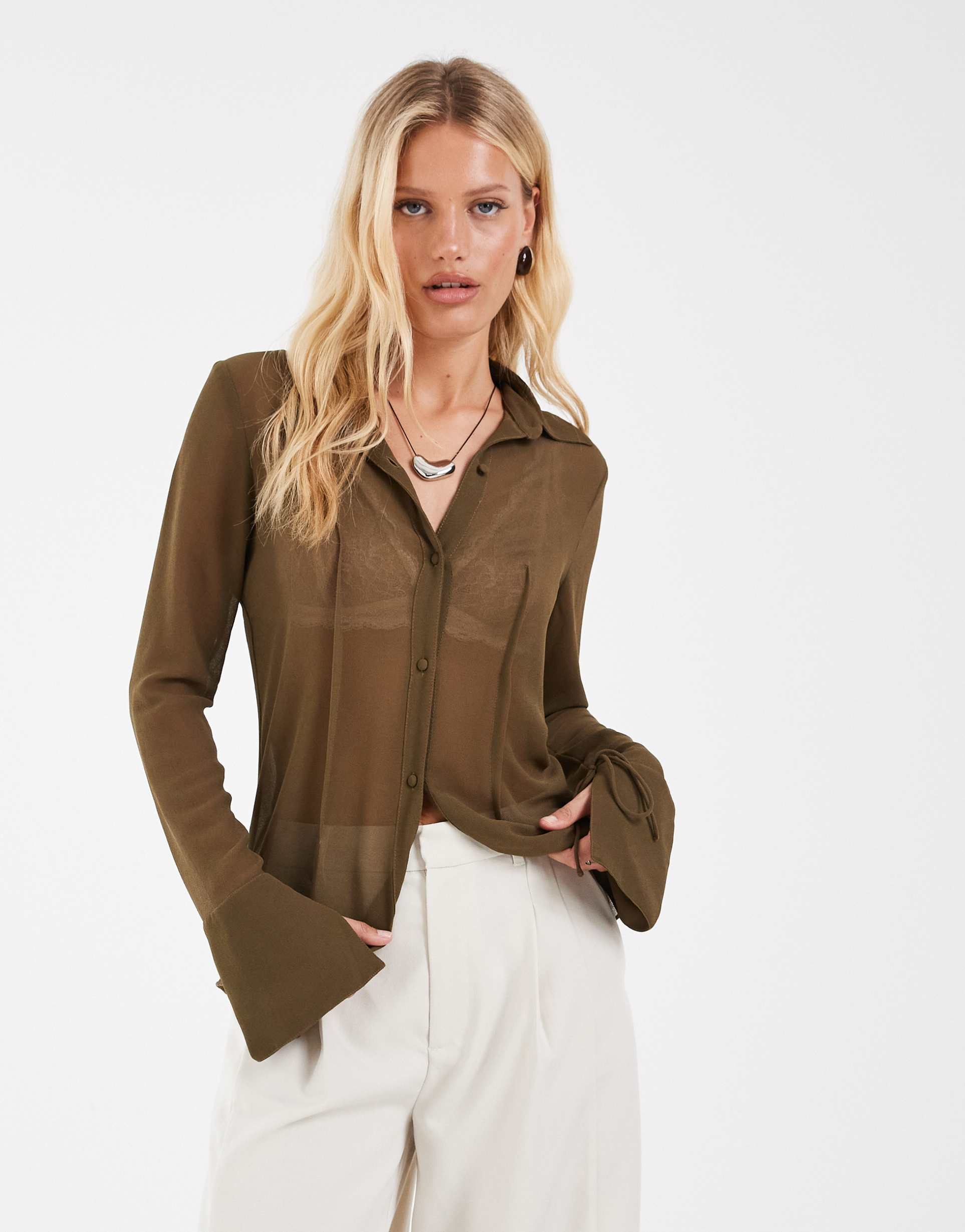 asos design sheer 90s shirt in khaki