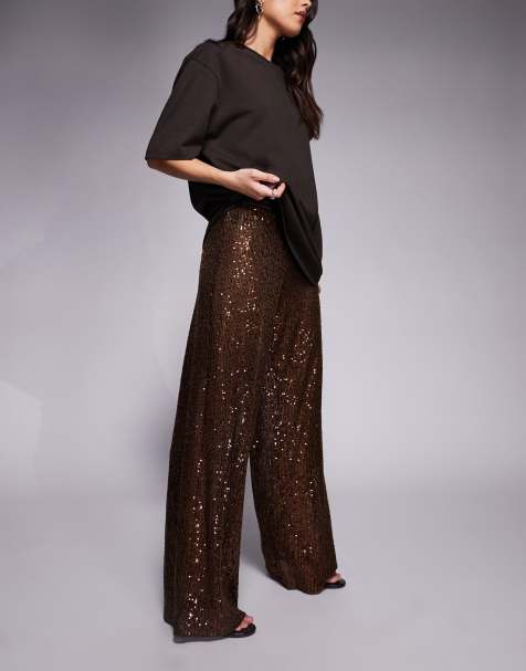 ASOS DESIGN sheer all-over sequin wide leg pants in brown - view 1
