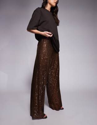 Asos Design Sheer Allover Sequin Wide Leg Pants In Brown