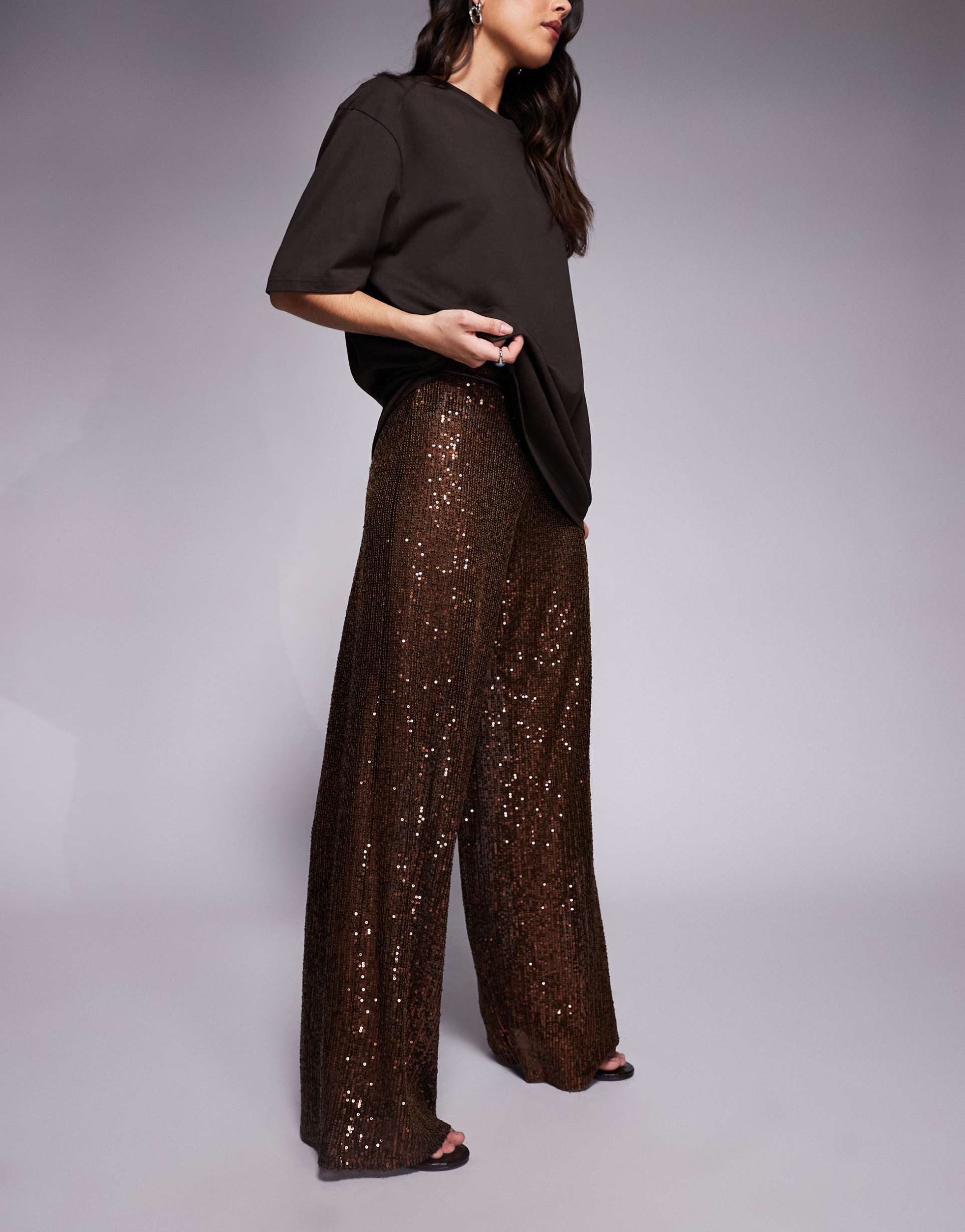 asos design sheer allover sequin wide leg pants in brown