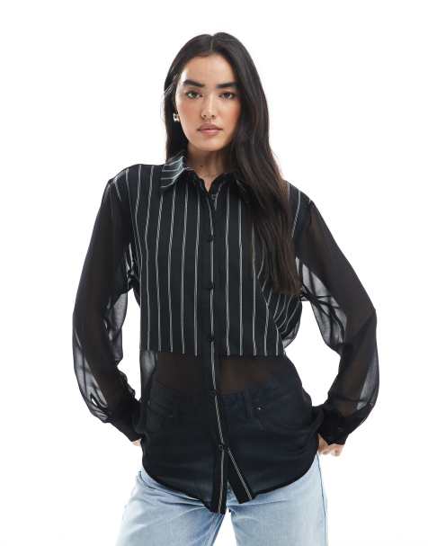 ASOS DESIGN sheer and cotton mix shirt in black - view 1