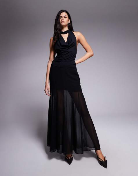 ASOS DESIGN sheer and solid fishtail maxi skirt in black