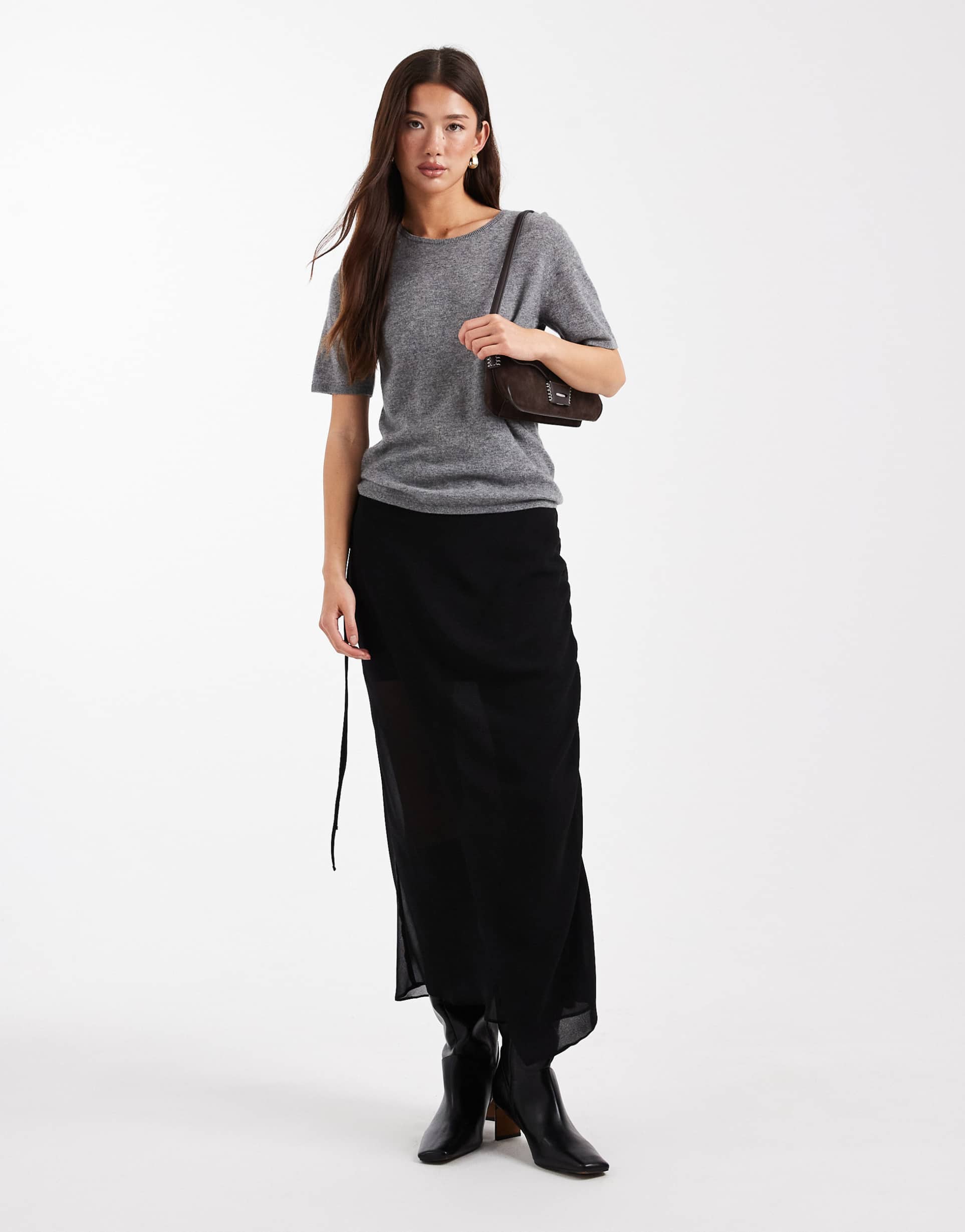 asos design sheer and solid wrap maxi skirt in black