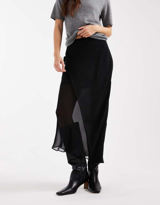 ASOS DESIGN  sheer and solid wrap maxi skirt in black, 2 of 5