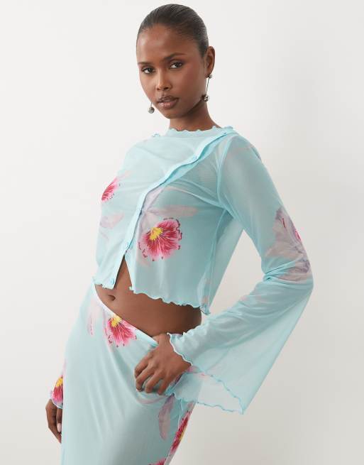 ASOS DESIGN sheer maxi co-ord skirt & cardi in blue floral - LBLUE, 3 of 3